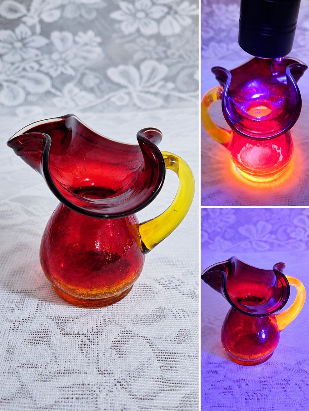 Vintage Amberina UV Reactive Crackle Glass Mini Pitcher Creamer